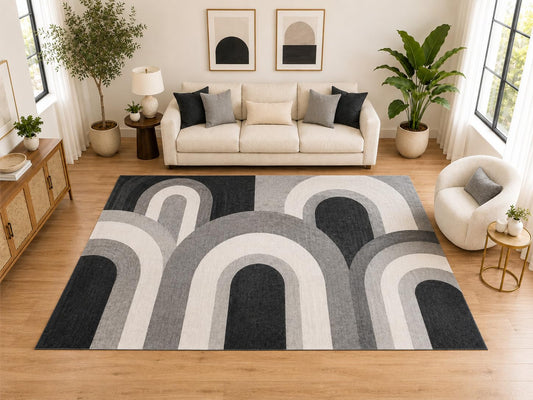 ICE ARMOR "Ultra Light Weight Large 6'7" x 9'10" Retro White and Black Arch Area Rug, Soft Low Pile Indoor Rug and Non-Slip Silicone Backing for Living Room Kids Room, Gray