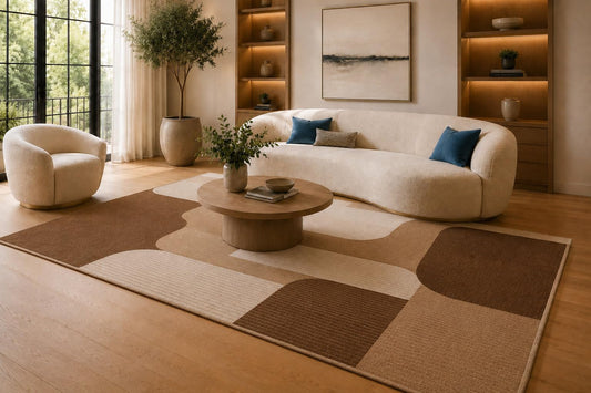 ICE ARMOR 6'7" x 9'10" Brown and Beige Curved Block Shapes Area Rug for Living Room, Soft Low Pile Carpet with Non-Slip Silicone Backing, Floor Decor for Bedroom, Dining Area and Home Office