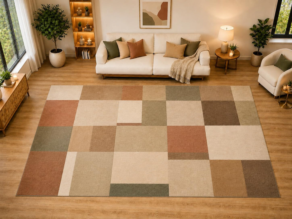 ICE ARMOR "Ultra Light Weight Large 6'7" x 9'10" Offset Color Blocks Area Rug for Living Room, Bedroom, Dining Room, Soft Low Pile Non-Slip Backing, Clay Sage