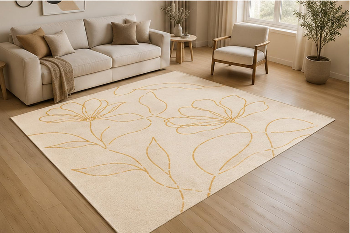 ICE ARMOR 5' x 7' Minimal Floral Line Art Area Rug for Living Room, Soft Low Pile Indoor Rug with Non-Slip Silicone Backing, Botanical Carpet for Bedroom, Office, Family Room, Mustard Ivory