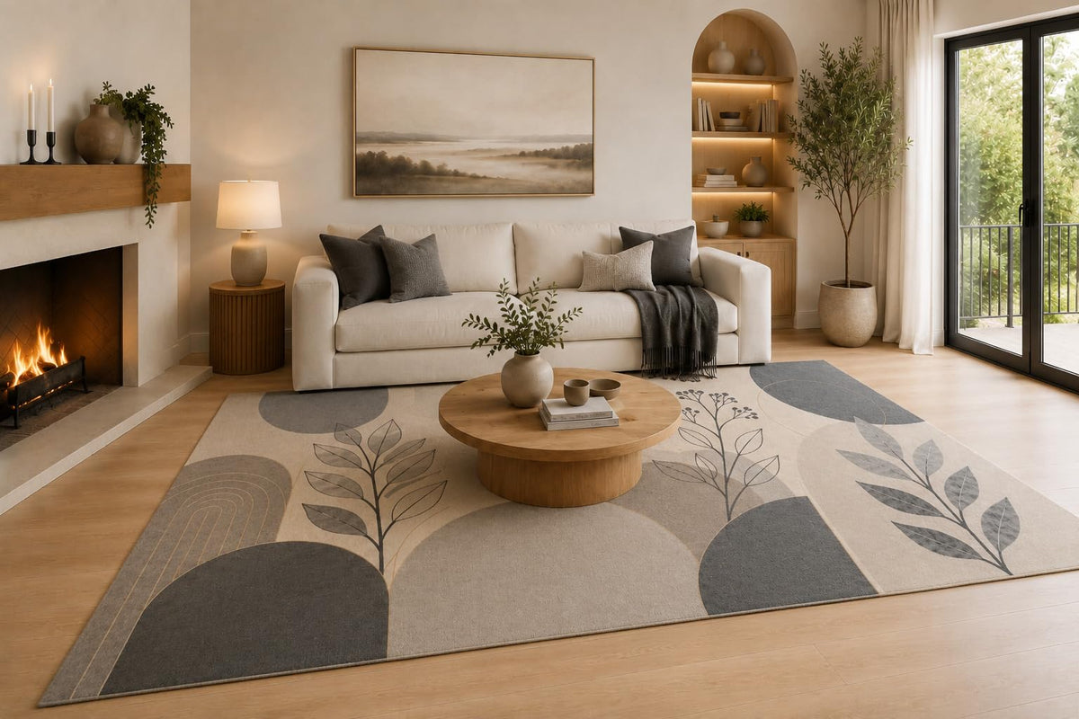 ICE ARMOR 6'7" x 9'10" Gray, Charcoal and Beige Modern Botanical Arches Area Rug for Living Room, Soft Low Pile Carpet with Non-Slip Backing, Floor Decor for Bedroom, Dining Room and Home Office