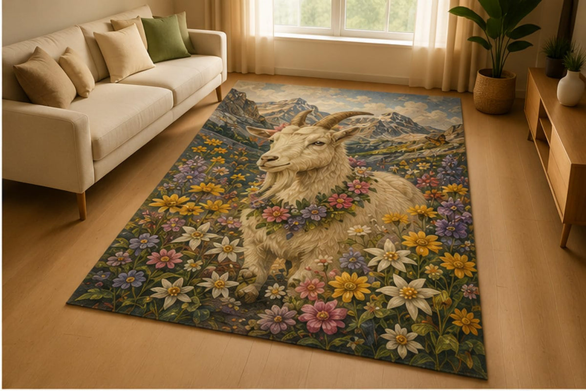 ICE ARMOR 5' x 7' Mountain Goat Wildflower Area Rug for Living Room, Soft Low Pile Indoor Rug with Non-Slip Silicone Backing, Rustic Wildlife Decor for Bedroom, Office, Family Room, Cream