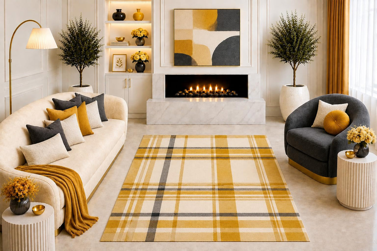 ICE ARMOR "Ultra Light Weight 5' x 7' Mustard Yellow Plaid Area Rug Modern Farmhouse Checkered Pattern Living Room Bedroom Dining Room Non-Slip Silicone Backing Low Pile