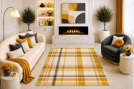 ICE ARMOR "Ultra Light Weight 5' x 7' Mustard Yellow Plaid Area Rug Modern Farmhouse Checkered Pattern Living Room Bedroom Dining Room Non-Slip Silicone Backing Low Pile