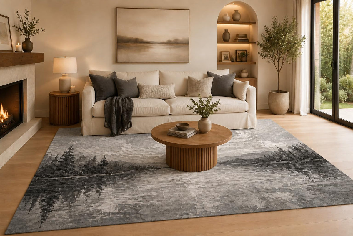 ICE ARMOR 6'7" x 9'10" Gray, Charcoal and Silver Misty Forest Reflection Area Rug for Living Room, Soft Low Pile Carpet with Non-Slip Backing, Floor Decor for Bedroom, Dining Room and Home Office