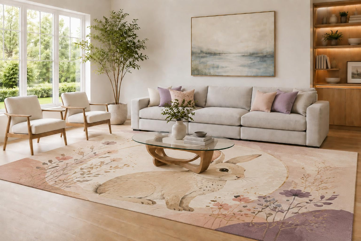 ICE ARMOR Large 6'7" x 9'10" Blush Pink and Cream Rabbit Floral Area Rug for Living Room, Soft Low Pile Carpet with Non-Slip Silicone Backing, Bunny Garden Decor for Bedroom Home Office