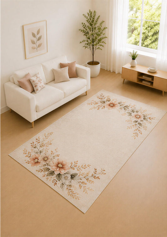 ICE ARMOR "Ultra Lightweight 5' x 7' Ivory and Apricot Cottage Bouquet Area Rug for Living Room, Bedroom and Home Office, Soft Low Pile Carpet with Non-Slip Silicone Backing