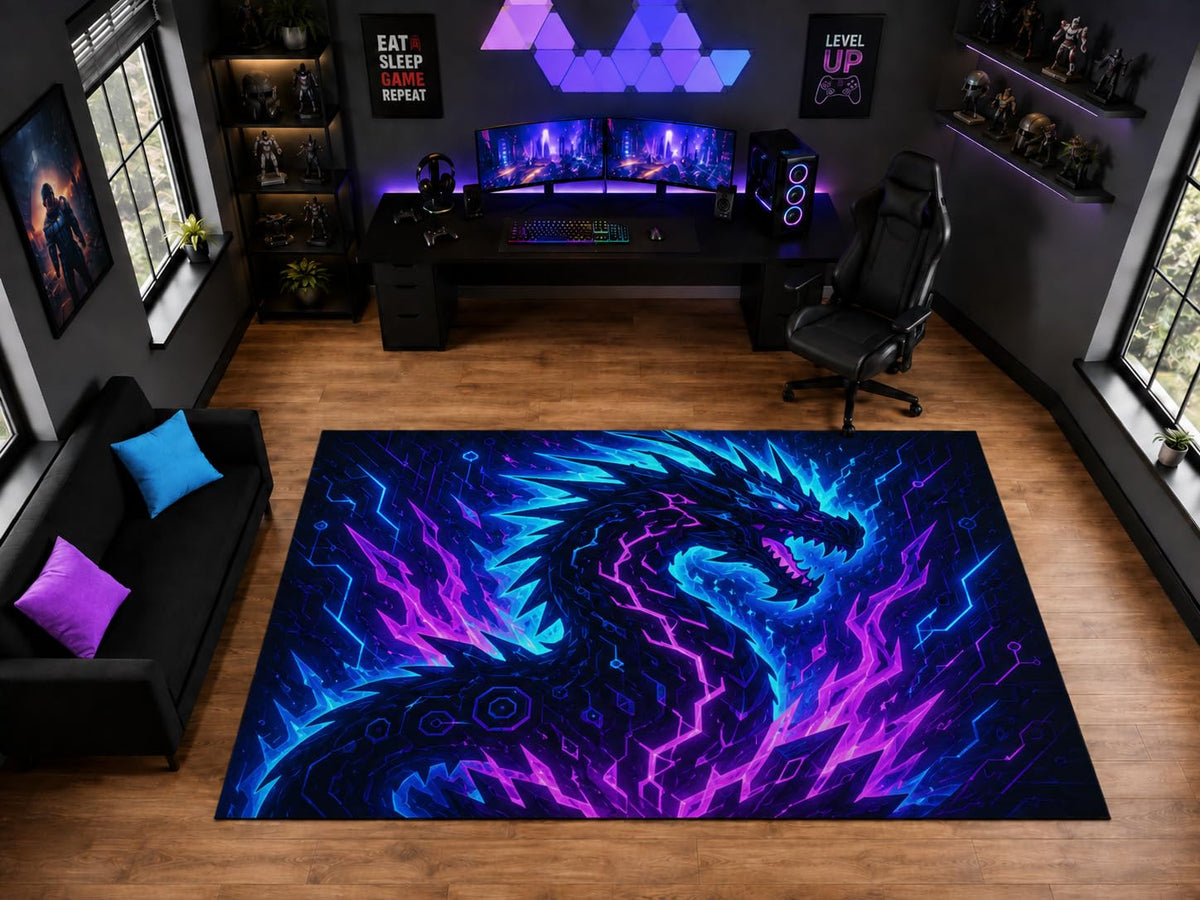 ICE ARMOR "Ultra Light Weight Large 6'7" x 9'10" Neon Cyber Dragon Area Rug for Gaming Room Decor, Soft Low Pile Indoor Floor Carpet with Non-Slip Silicone Backing, Blue Purple Black