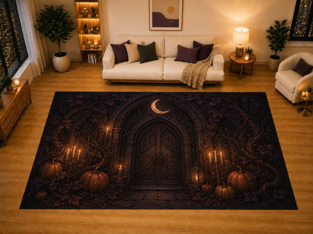 ICE ARMOR "Ultra Light Weight Large 6'7" x 9'10" Gothic Door Crescent Moon Pumpkin Area Rug for Living Room Bedroom, Soft Low Pile Non-Slip Backing, Black Orange Dark Fantasy Decor