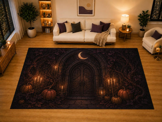 ICE ARMOR "Ultra Light Weight Large 6'7" x 9'10" Gothic Door Crescent Moon Pumpkin Area Rug for Living Room Bedroom, Soft Low Pile Non-Slip Backing, Black Orange Dark Fantasy Decor
