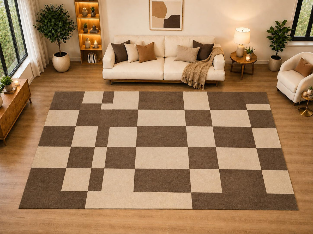 ICE ARMOR "Ultra Light Weight Large 6'7" x 9'10" Staggered Monochrome Tiles Area Rug for Living Room, Bedroom, Dining Room, Soft Low Pile Non-Slip Backing, Espresso Cream