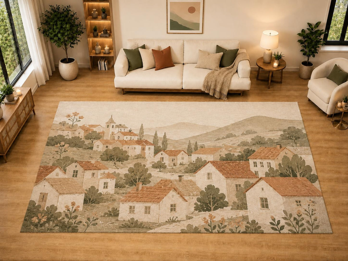 ICE ARMOR "Ultra Light Weight Large 6'7" x 9'10" Hillside Village Scene Area Rug for Living Room, Bedroom, Dining Room, Soft Low Pile Non-Slip Backing, Olive Terracotta