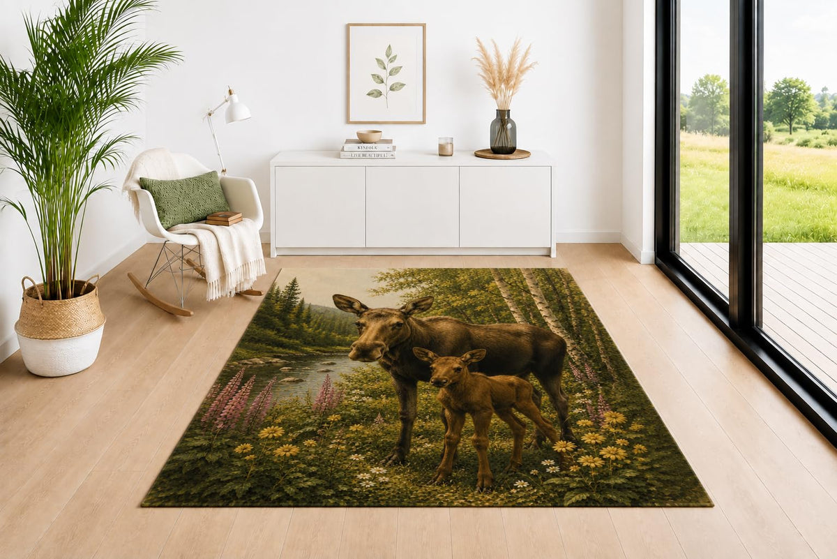 ICE ARMOR 5' x 7' Moose Family Area Rug, Soft Low Pile Indoor Carpet with Non-Slip Silicone Backing for Living Room, Bedroom, Dining Space, Office, Kids & Pets, Brown