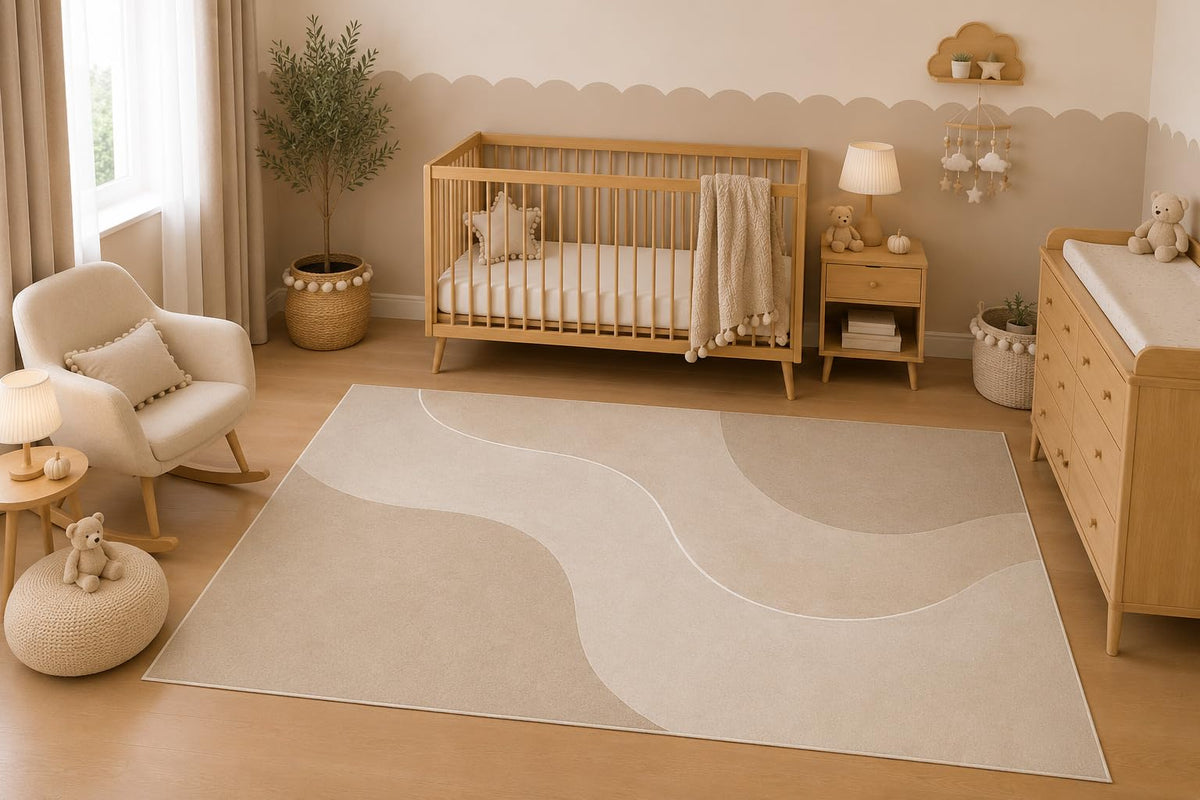 ICE ARMOR 5' x 7' Abstract Beige Wave Area Rug, Modern Minimalist Neutral Living Room Bedroom Nursery Decor, Non-Slip Silicone Backing Low Pile Carpet