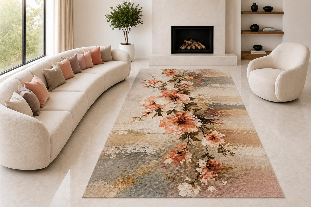 ICE ARMOR "Ultra Lightweight Large 6'7" x 9'10" Blossom Branch Wash Area Rug for Living Room, Bedroom and Home Office, Soft Low Pile Carpet with Non-Slip Silicone Backing, Pink and Beige