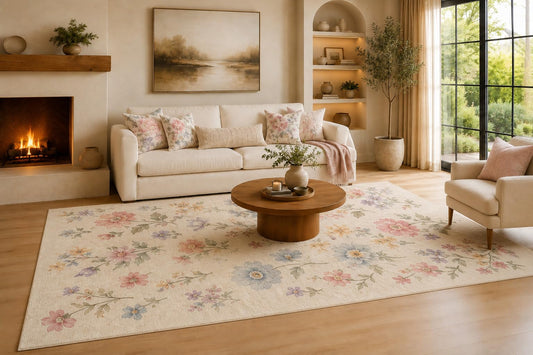 ICE ARMOR Large 6'7" x 9'10" Blush and Cream Pastel Wildflower Scatter Area Rug for Living Room, Soft Low Pile Carpet with Non-Slip Silicone Backing, Decor for Bedroom and Home Office