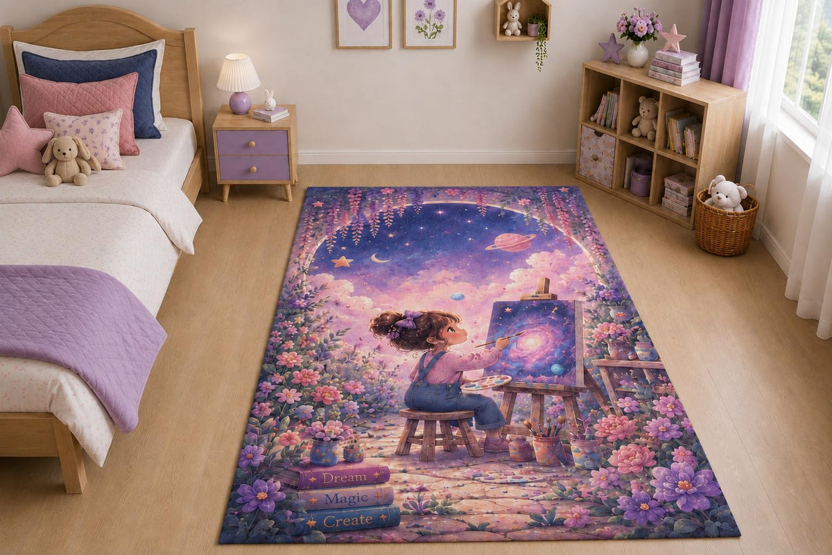 ICE ARMOR "Ultra Thin 5' x 7" Galaxy Dream Painter Area Rug for Living Room, Bedroom and Home Office, Soft Low Pile Carpet with Non-Slip Silicone Backing, Purple and Pink