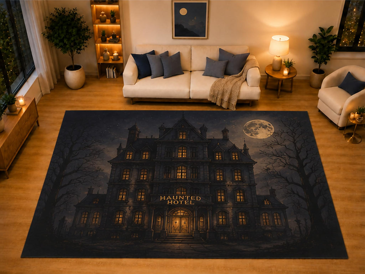 ICE ARMOR "Ultra Light Weight Large 6'7" x 9'10" Haunted Hotel Full Moon Area Rug for Living Room Bedroom, Soft Low Pile Non-Slip Backing, Black Gothic Halloween Decor