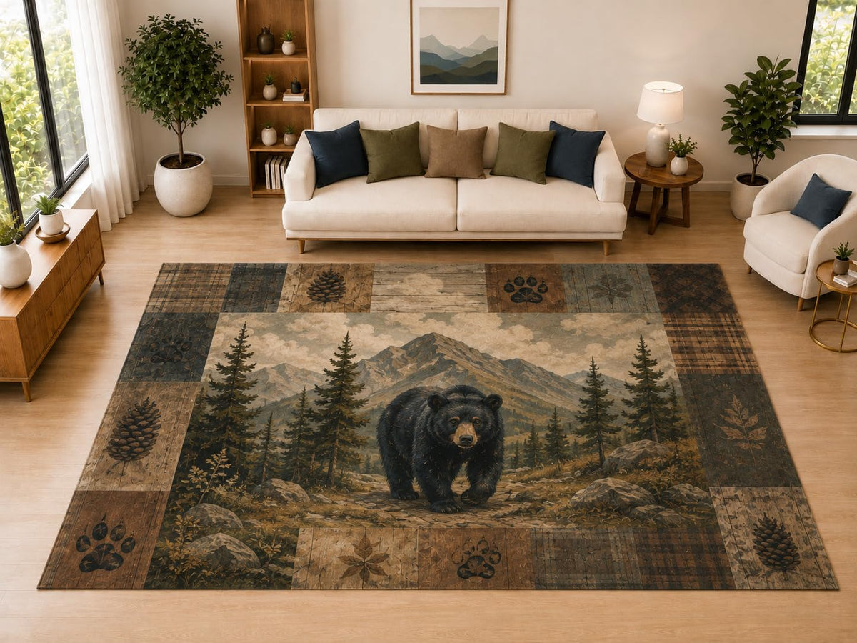 ICE ARMOR "Ultra Light Weight Large 6'7" x 9'10" Black Bear Mountain Forest Decor, Living Room, Bedroom, Dining Room, Office, Family Room, Soft Low Pile Indoor Rug, Non-Slip Silicone Backing, Brown