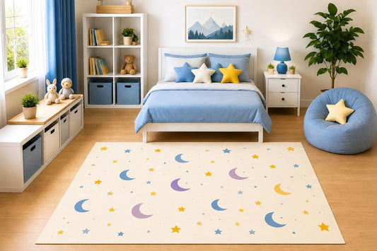 ICE ARMOR 5' x 7' Pastel Moon and Stars Area Rug Minimalist Celestial Nursery Bedroom Playroom Decor for Boys and Girls Kids Room Non-Slip Silicone Backing Low Pile