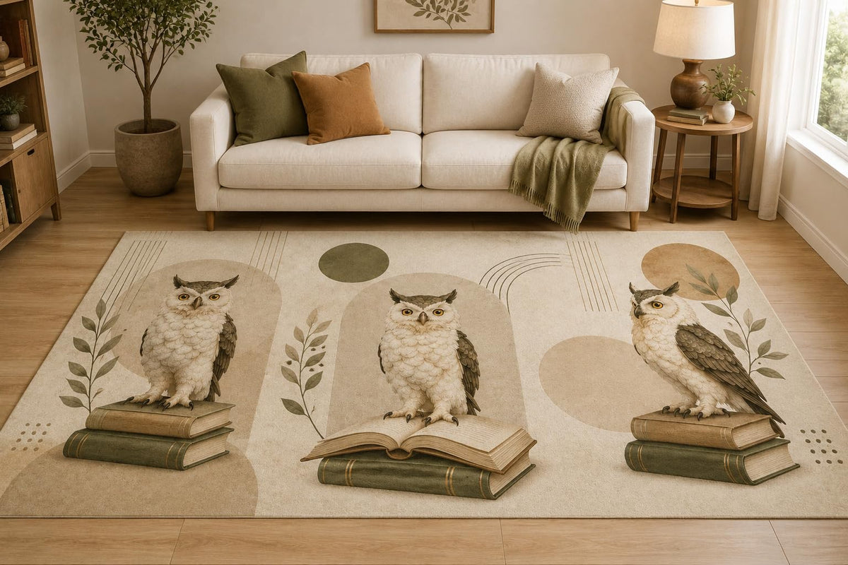 ICE ARMOR "Ultra Lightweight Large 6'7" x 9'10" Vintage Owl Book Trio Area Rug for Living Room, Bedroom and Home Office, Soft Low Pile Carpet with Non-Slip Silicone Backing, Cream and Brown