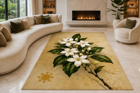 ICE ARMOR "Ultra Lightweight Large 6'7" x 9'10" White Jasmine Branch Area Rug for Living Room, Bedroom and Home Office, Soft Low Pile Carpet with Non-Slip Silicone Backing, Green and Beige