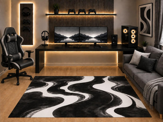 ICE ARMOR "Ultra Light Weight 5' x 7' Black White Flowing Marble Area Rug Modern Abstract Wavy Ink Design for Bedroom Gaming Room Living Room Non-Slip Silicone Backing Low Pile