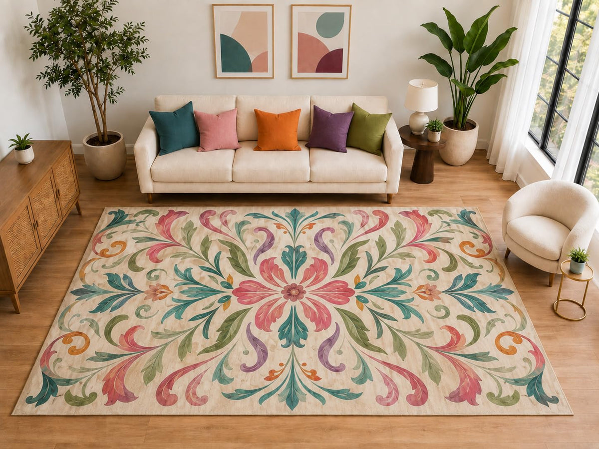ICE ARMOR "Ultra Light Weight Large 6'7" x 9'10" Botanical Scroll Rug, Soft Low Pile Indoor Rug, Non-Slip Silicone Backing for Living Room Beige