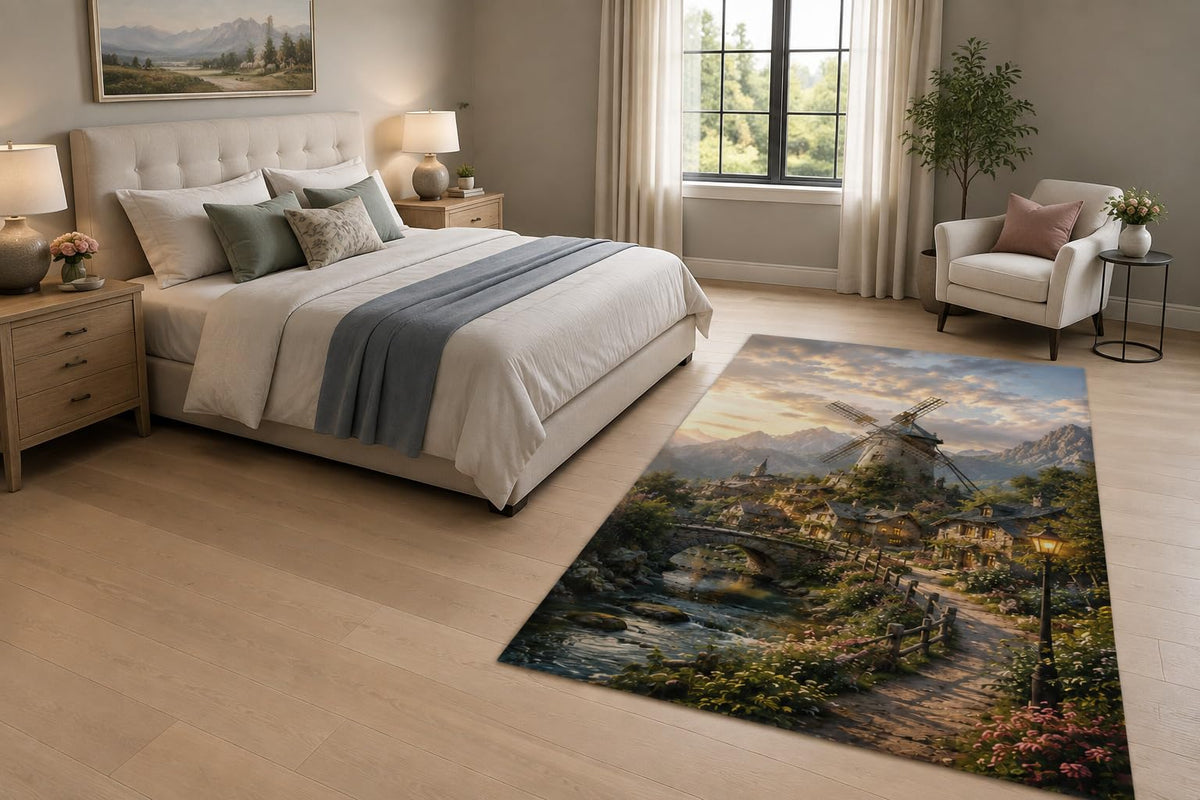 ICE ARMOR "Ultra Light Weight 5' x 7' Mountain Windmill Area Rug for Living Room, Bedroom and Home Office, Soft Low Pile Carpet with Non-Slip Silicone Backing, Green and Brown
