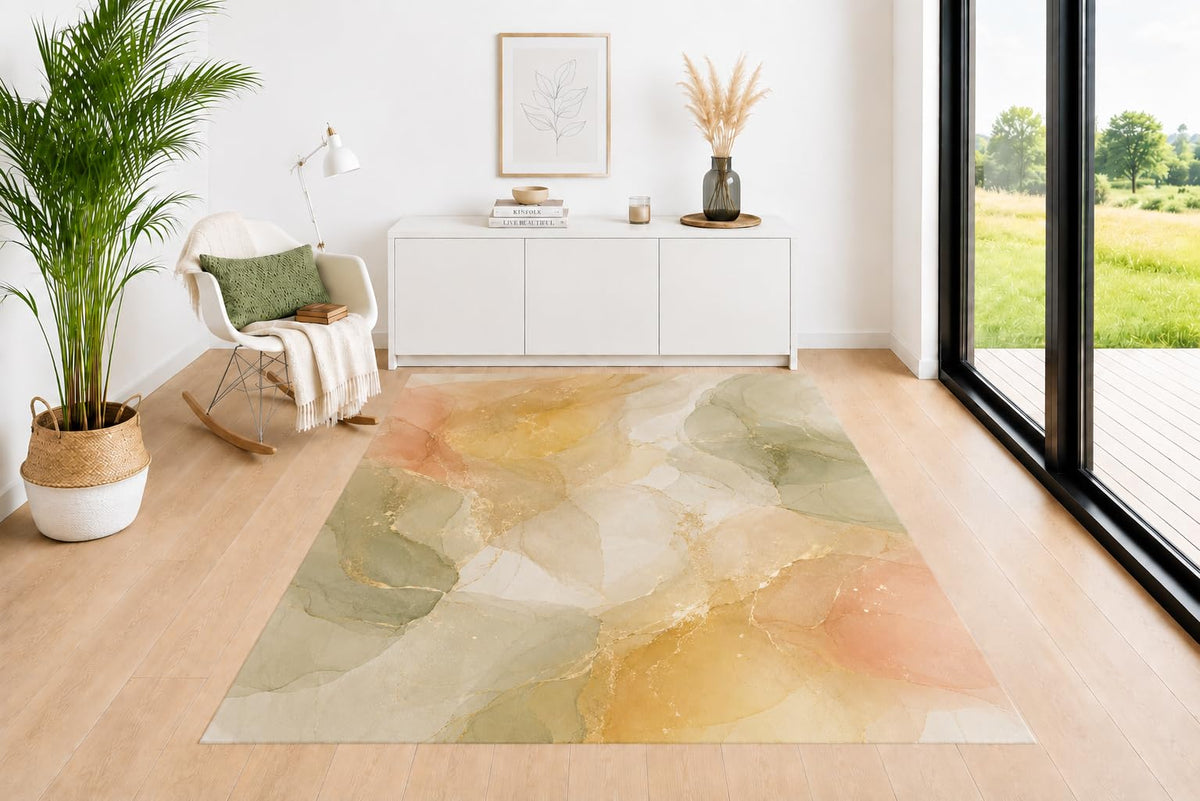 ICE ARMOR 5' x 7' Stone Texture Area Rug, Sage Green Blush Beige and Cream Mineral Inspired Artwork, Soft Low Pile Carpet for Living Room Bedroom Office Decor