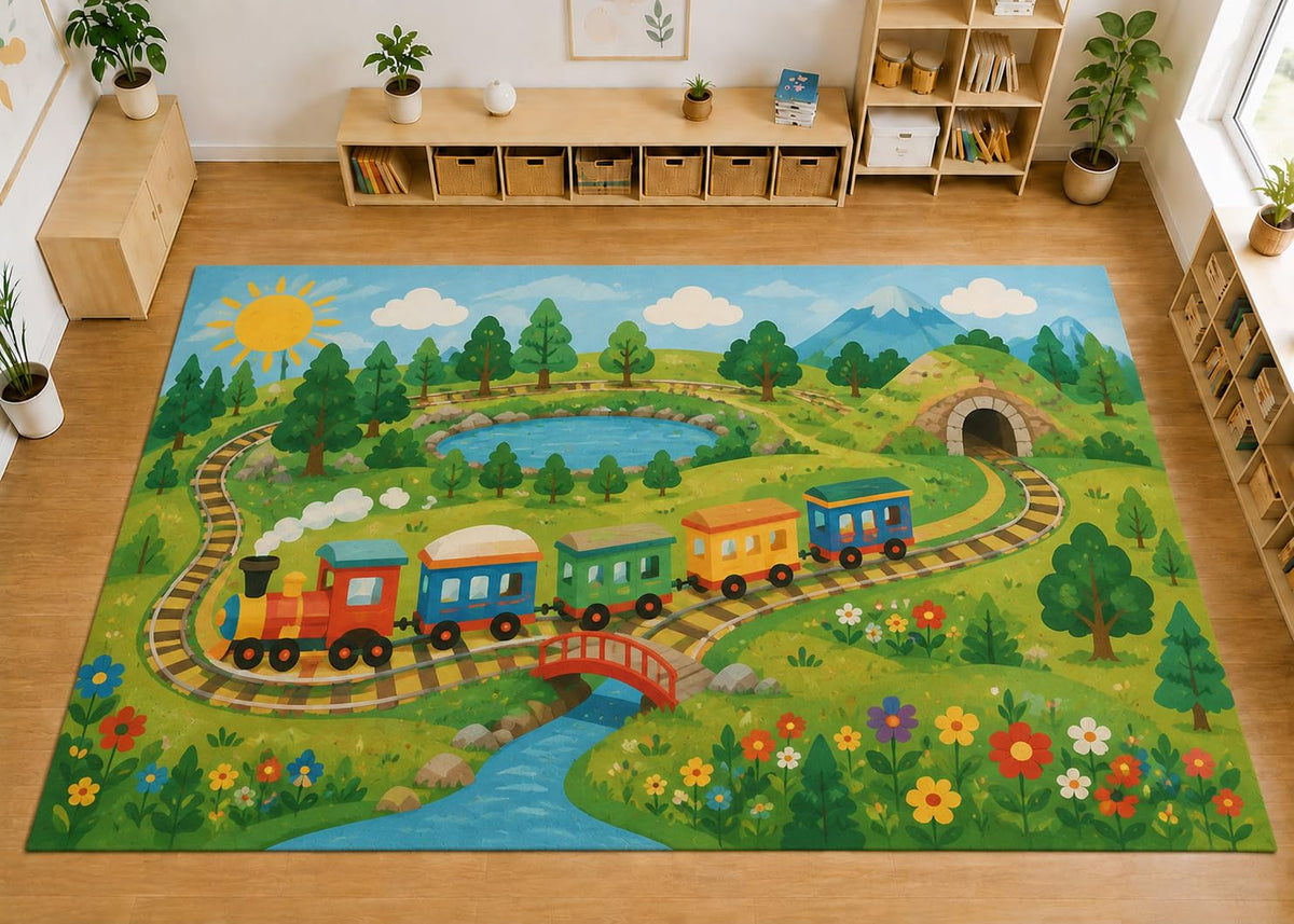 ICE ARMOR Large 6'7" x 9'10" Train Mountain Nature Area Rug, Soft Low Pile Indoor Rug with Non-Slip Silicone Backing for Kids Room Playroom, Green