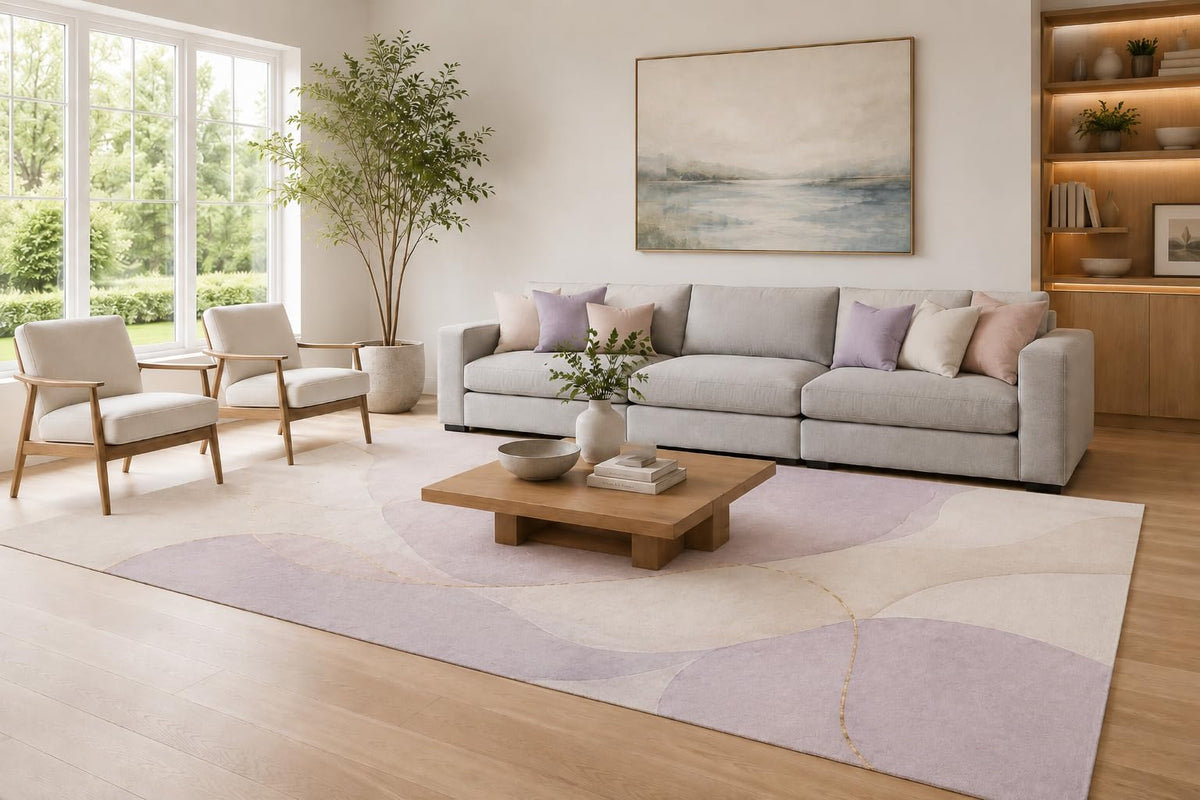 ICE ARMOR Large 6'7" x 9'10" Lavender and Cream Abstract Circles Area Rug for Living Room, Soft Low Pile Carpet with Non-Slip Silicone Backing, Decor for Bedroom and Home Office