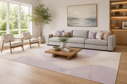 ICE ARMOR Large 6'7" x 9'10" Lavender and Cream Abstract Circles Area Rug for Living Room, Soft Low Pile Carpet with Non-Slip Silicone Backing, Decor for Bedroom and Home Office