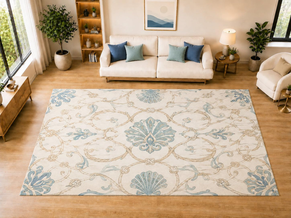 ICE ARMOR "Ultra Light Weight Large 6'7" x 9'10" Coastal Shell Scroll Medallion Area Rug for Living Room, Bedroom, Dining Room, Soft Low Pile Non-Slip Backing, Light Blue Ivory