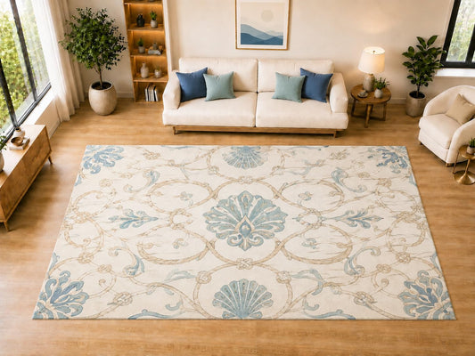ICE ARMOR "Ultra Light Weight Large 6'7" x 9'10" Coastal Shell Scroll Medallion Area Rug for Living Room, Bedroom, Dining Room, Soft Low Pile Non-Slip Backing, Light Blue Ivory