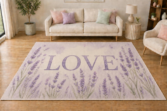 ICE ARMOR 5' x 7' Lavender Field Love Area Rug, Soft Low Pile Indoor Rug with Non-Slip Silicone Backing for Living Room, Bedroom, Office, Family Room, Cream Lavender Purple