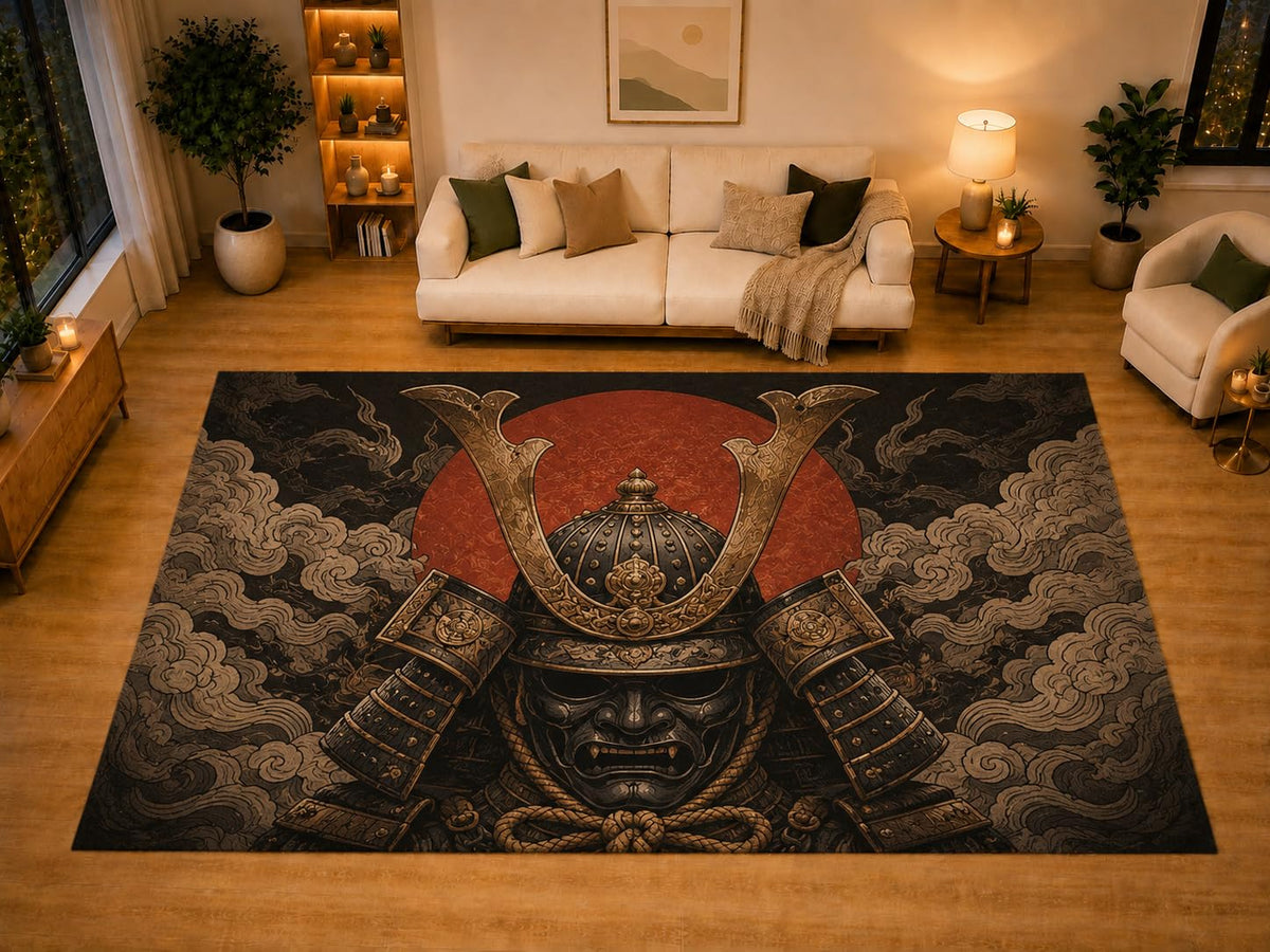 ICE ARMOR "Ultra Light Weight Large 6'7" x 9'10" Kabuto Helmet Area Rug for Living Room Bedroom Dining Area, Soft Low Pile Non-Slip Backing, Black Red Beige Eastern Armor Decor