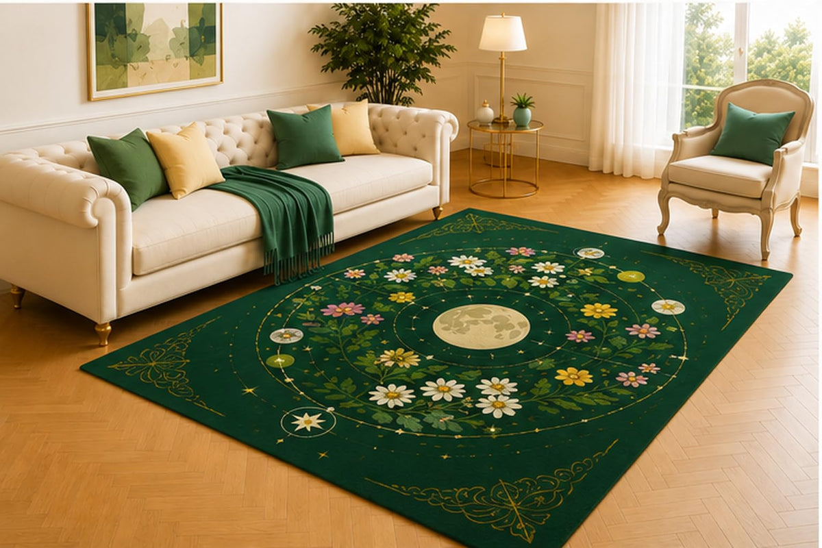 ICE ARMOR 5' x 7' Celestial Daisy Orbit Rug, Moon Chart with Golden Constellation Lines and White Wildflowers on Deep Green, Elegant Accent for Bedroom, Office or Lounge