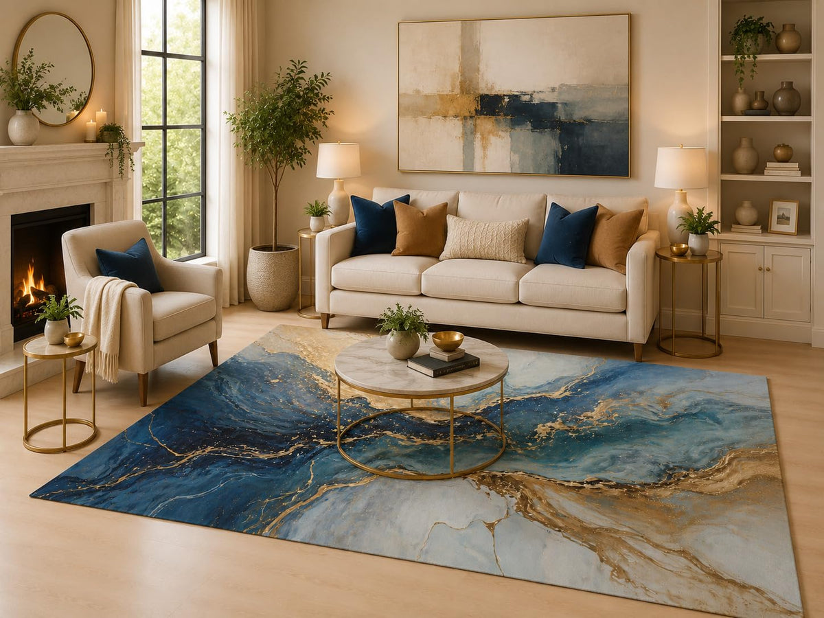 ICE ARMOR 6'7" x 9'10" Blue Marble Flow Area Rug for Living Room, Soft Low Pile Indoor Floor Cover with Non-Slip Silicone Backing, Decorative Carpet for Bedroom, Dining Room and Office, Blue