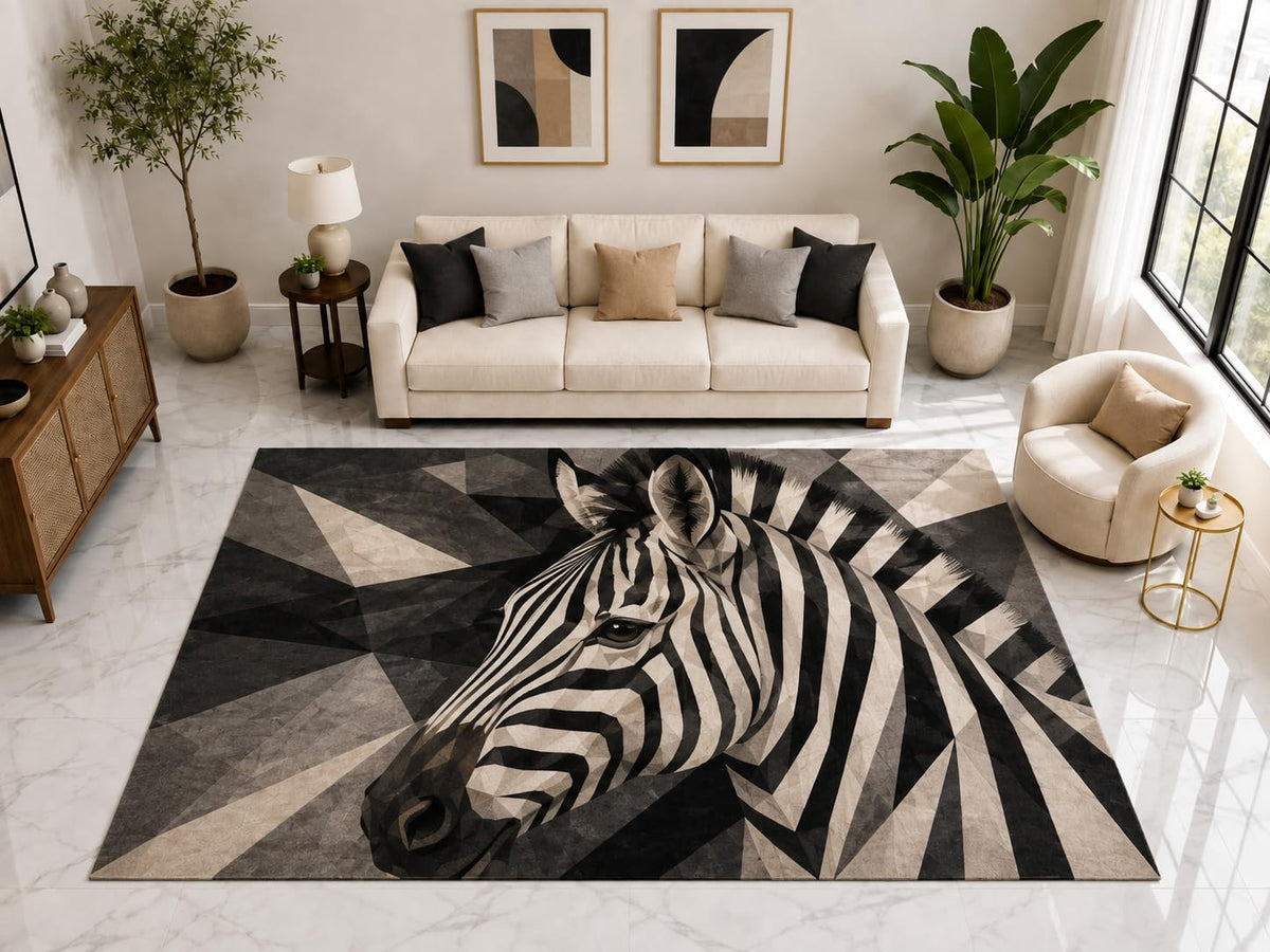 ICE ARMOR "Ultra Light Weight Large 6'7" x 9'10" Geometric Zebra Rug, Soft Low Pile Indoor Rug, Non-Slip Silicone Backing for Kids Room Black Gray