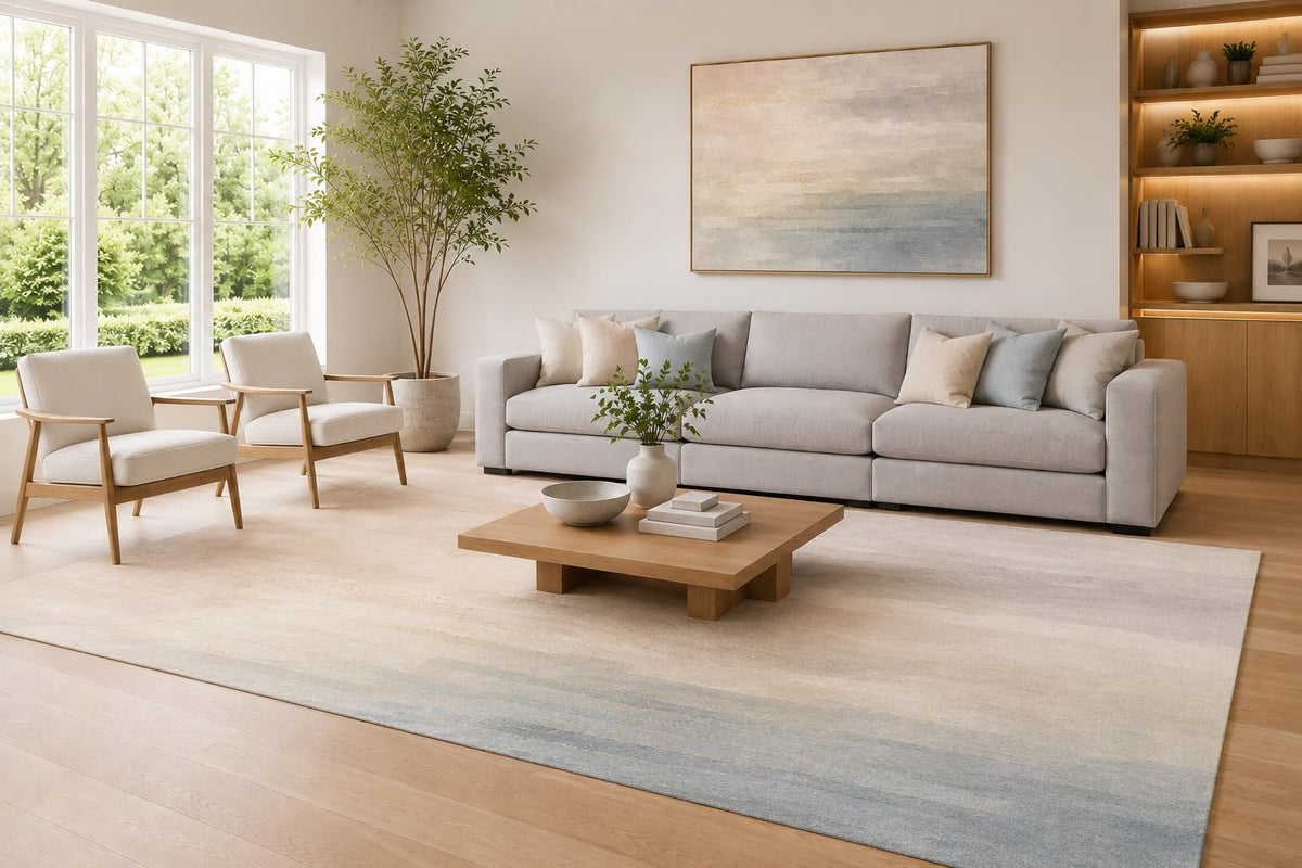 ICE ARMOR Large 6'7" x 9'10" Beige and Blue Minimalist Ombre Gradient Area Rug for Living Room, Soft Low Pile Carpet with Non-Slip Silicone Backing, Decor for Bedroom and Home Office