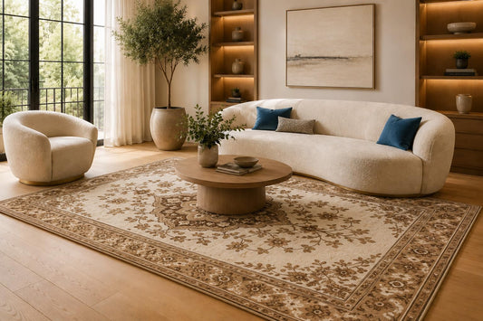 ICE ARMOR 6'7" x 9'10" Brown and Cream Vintage Medallion Area Rug for Living Room, Soft Low Pile Carpet with Non-Slip Silicone Backing, Floor Decor for Bedroom, Dining Area and Home Office