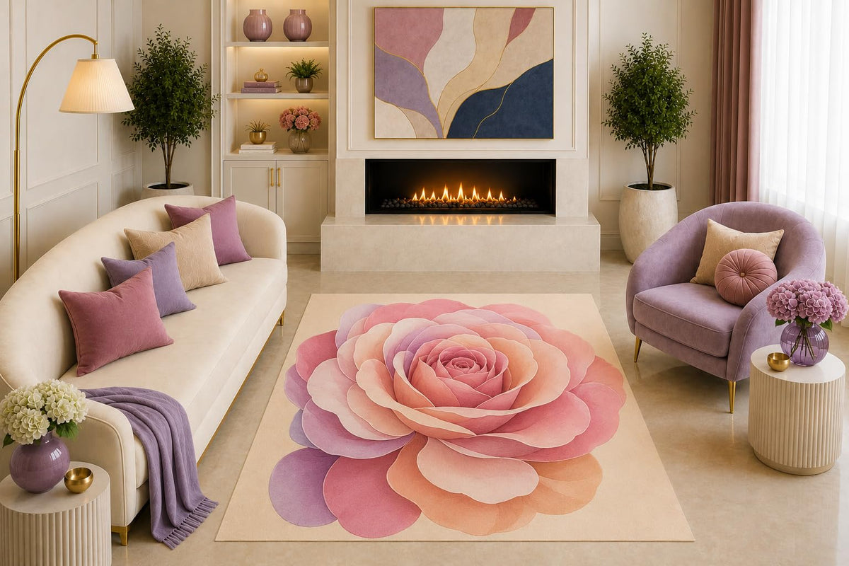 ICE ARMOR "Ultra Light Weight 5' x 7' Oversized Rose Area Rug Pastel Floral Art Pink Peach Lavender for Living Room Bedroom Girls Room Nursery Non-Slip Silicone Backing Low Pile