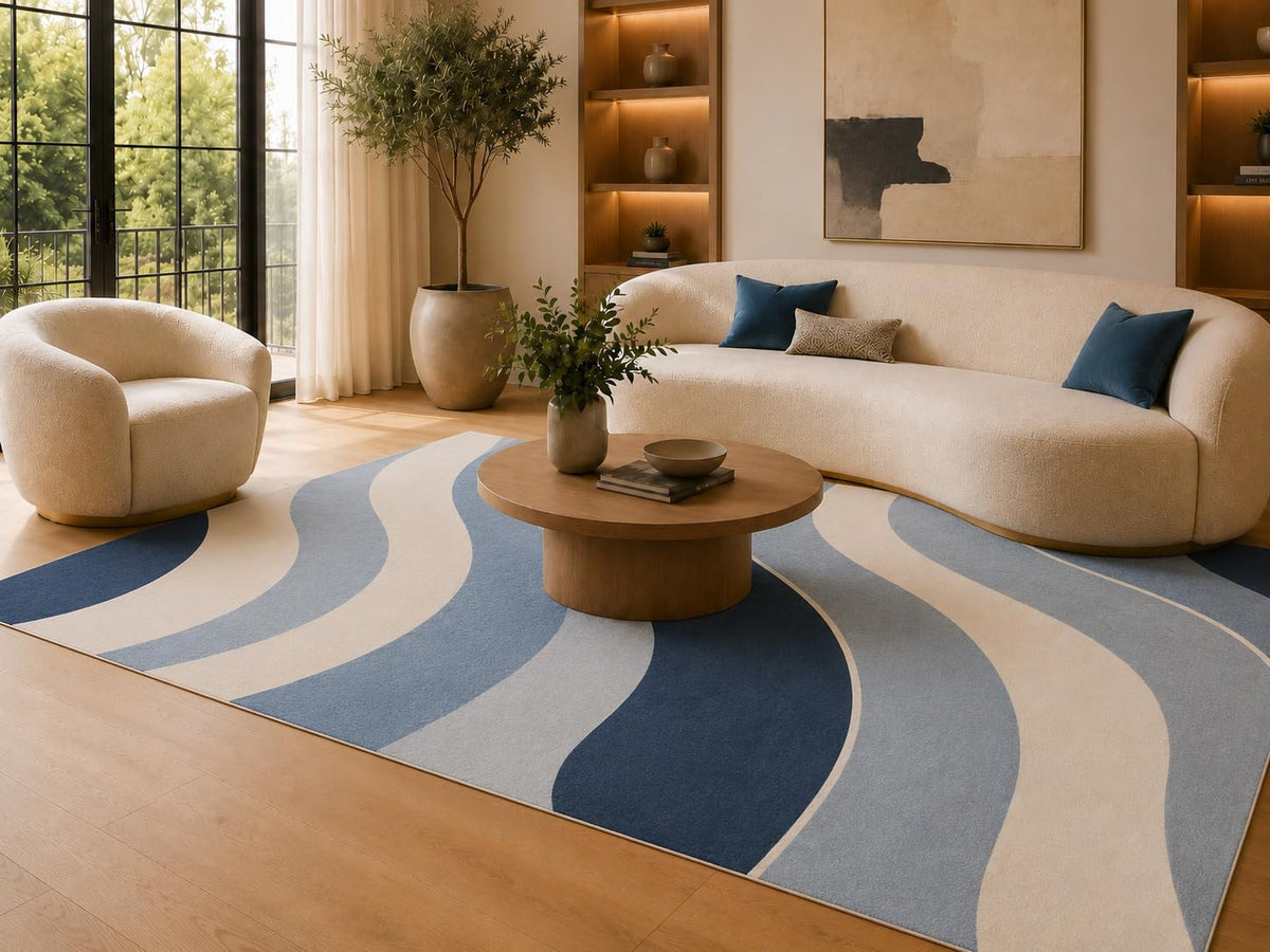 ICE ARMOR 6'7" x 9'10" Blue and Cream Wavy Ribbon Pattern Area Rug for Living Room, Soft Low Pile Carpet with Non-Slip Silicone Backing, Floor Decor for Bedroom, Dining Area and Home Office