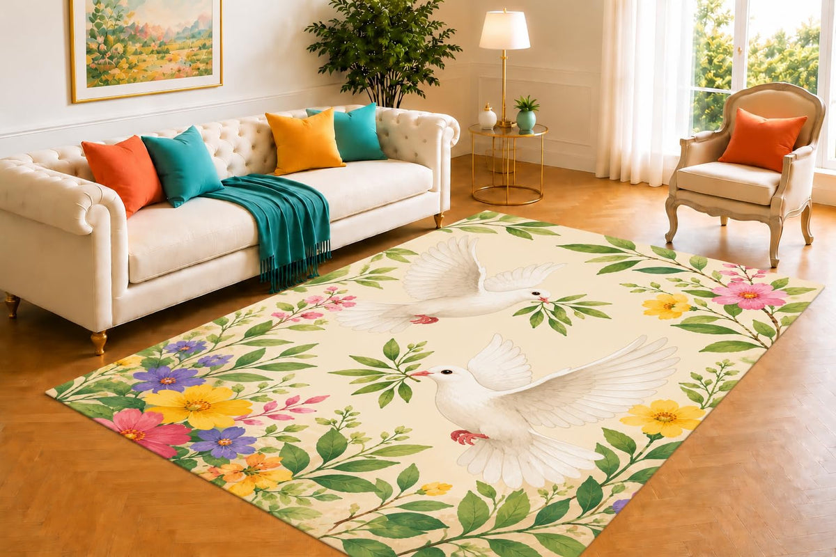 ICE ARMOR 5' x 7' White Doves with Olive Branches Area Rug, Soft Low Pile Non-Slip Indoor Carpet for Living Room, Bedroom, Nursery, Prayer Room and Peaceful Nature Home Decor, Ivory