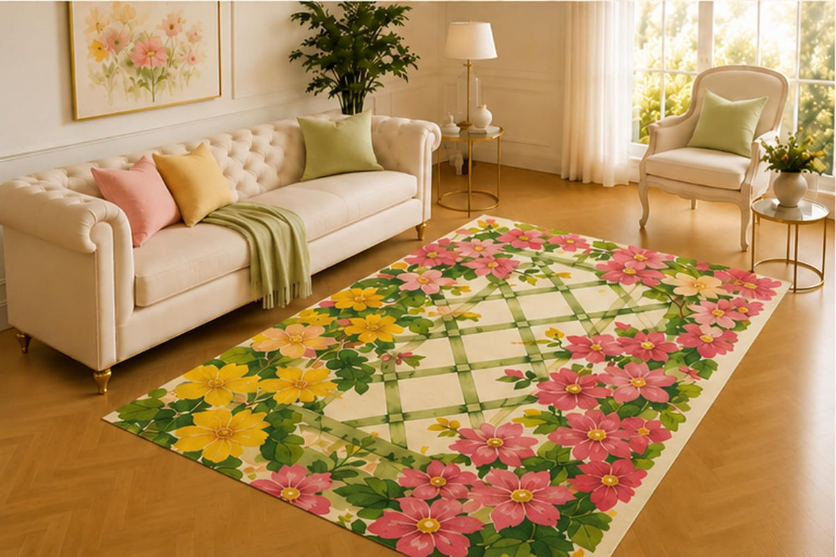ICE ARMOR 5' x 7' Floral Trellis Rug, Pink and Yellow Blossoms Framing a Soft Green Lattice, Charming Accent for Bedroom, Entryway, Lounge or Reading Nook