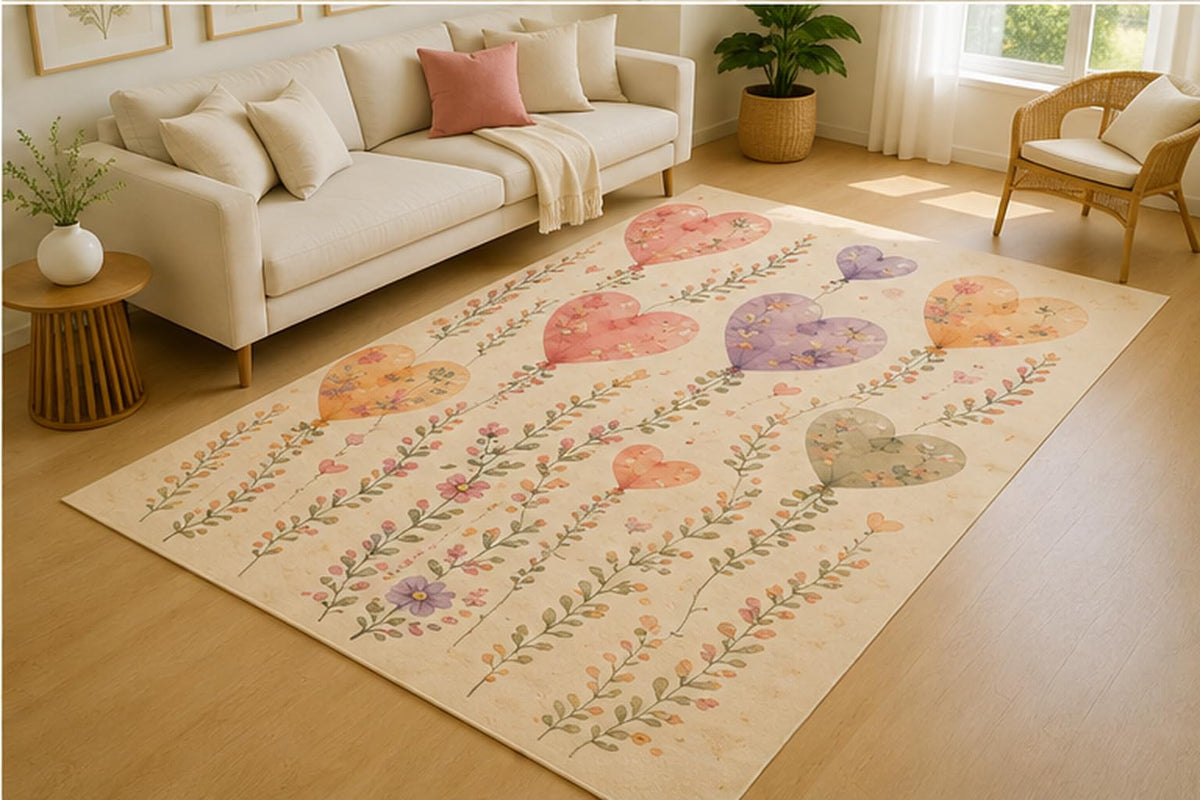ICE ARMOR 5' x 7' Floral Heart Garland Area Rug for Living Room, Soft Low Pile Indoor Rug with Non-Slip Silicone Backing, Botanical Carpet for Bedroom, Dining Room, Office, Family Room, Cream Pink