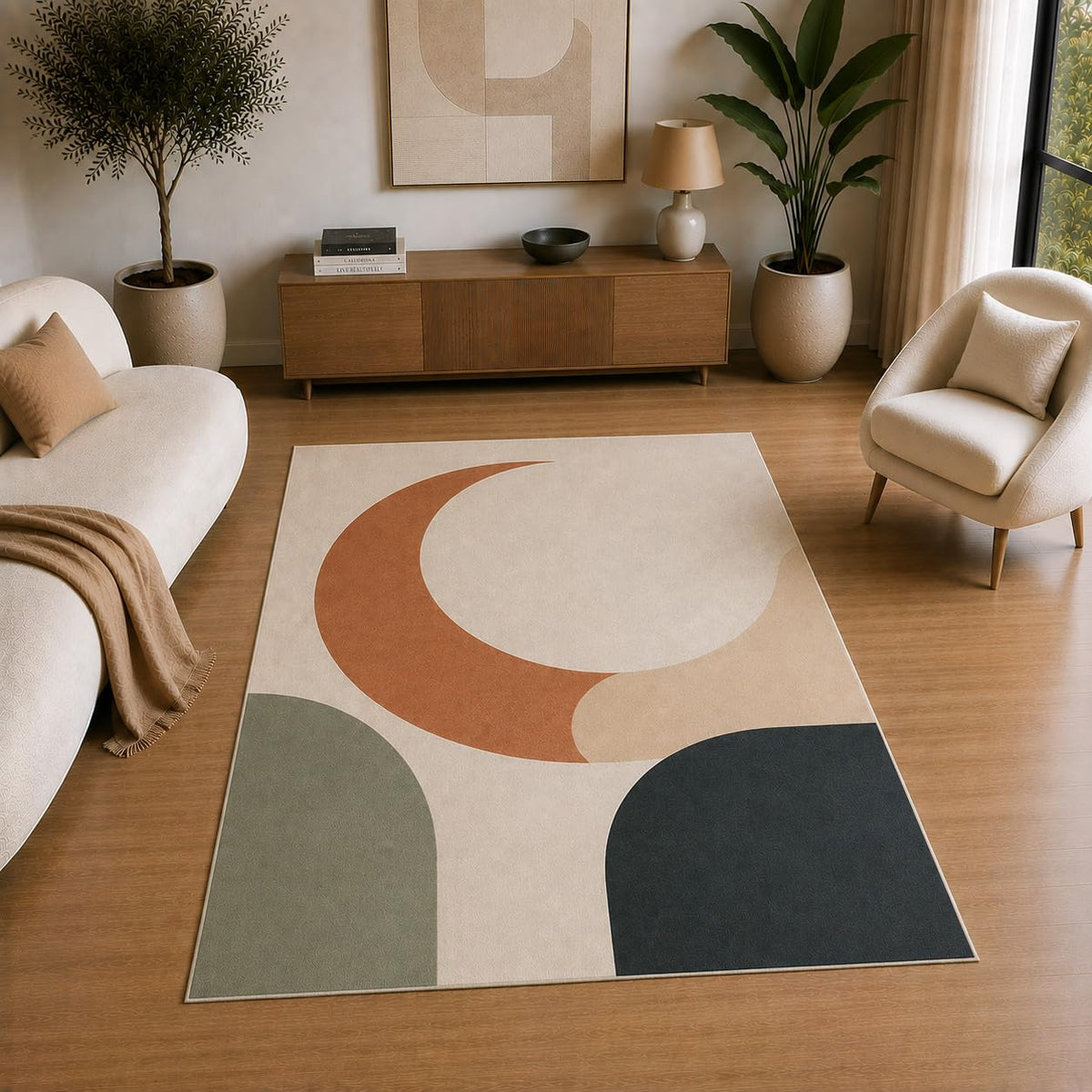 ICE ARMOR 5' x 7' Modern Abstract Crescent Area Rug for Living Room, Soft Low Pile Indoor Rug with Non-Slip Silicone Backing, Decorative Carpet for Bedroom, Office, Family Room, Beige