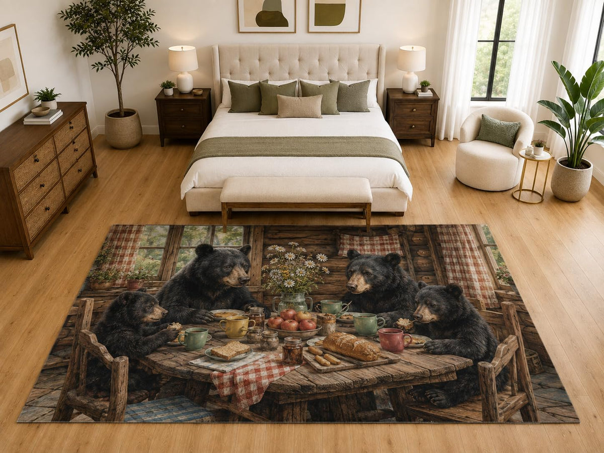 ICE ARMOR "Ultra Light Weight Large 6'7" x 9'10" Bear Family Table Area Rug, Soft Low Pile Indoor Rug, Non-Slip Silicone Backing, Dining Room, Brown