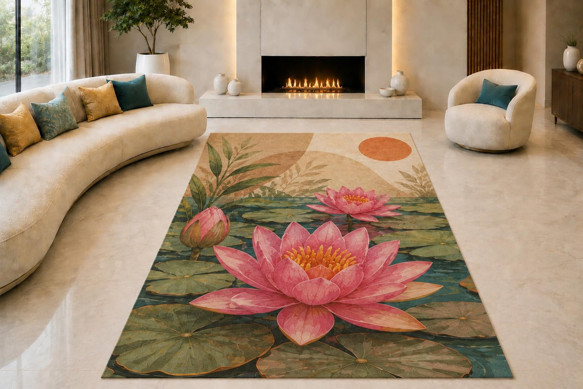 ICE ARMOR "Ultra Lightweight Large 6'7" x 9'10" Lotus Lily Pad Pair Area Rug for Living Room, Bedroom and Home Office, Soft Low Pile Carpet with Non-Slip Silicone Backing, Pink and Green